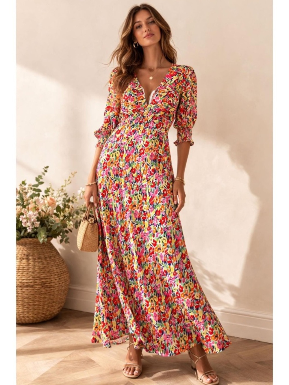 Floral V-Neck Midi Dress - Multicolor